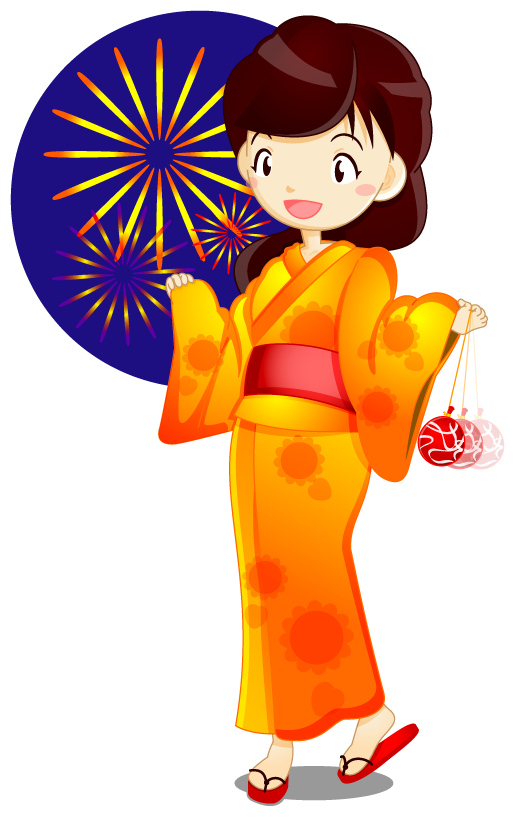 浴衣の女性イラスト/夏祭りの花火