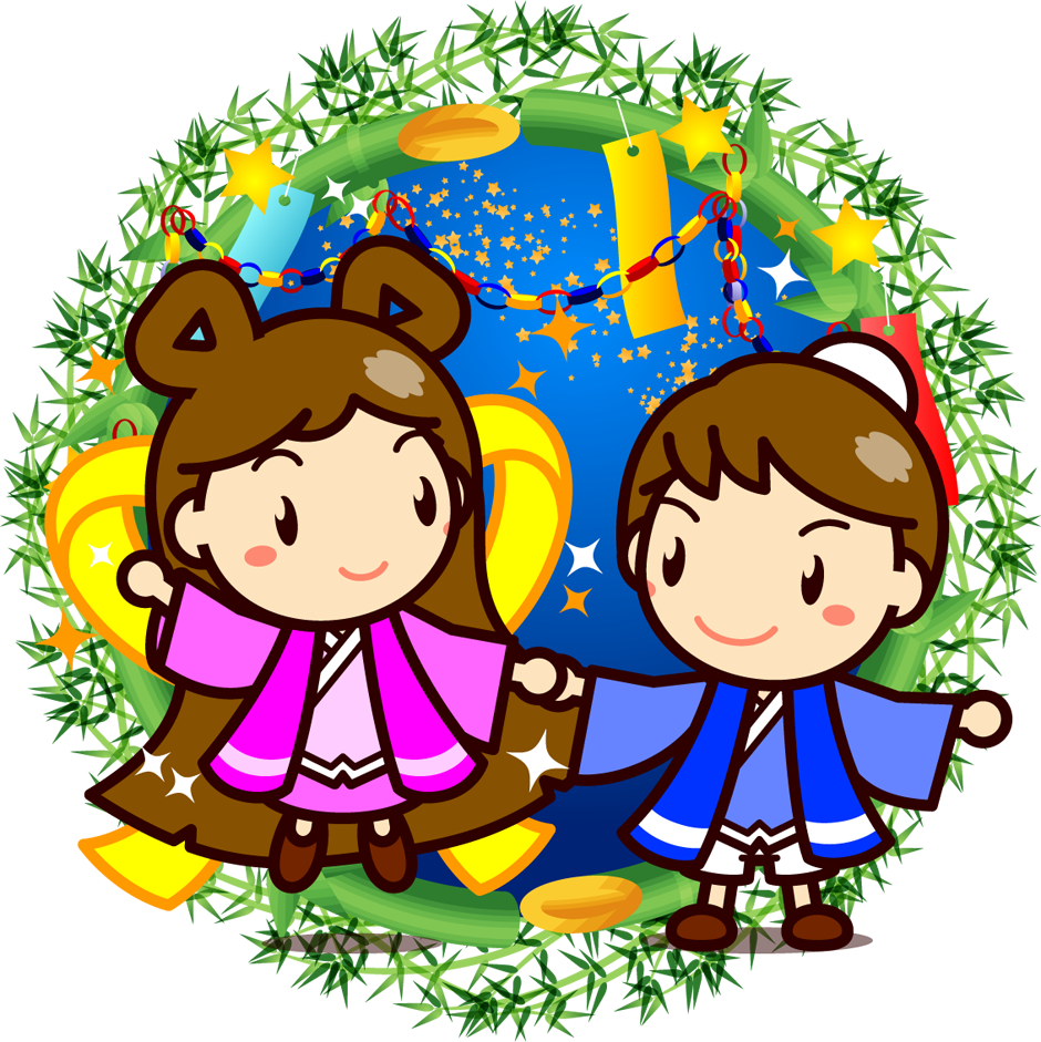 七夕、手をつなぐ織姫ちゃんと彦星くんイラスト