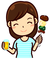 バーベキューで串に刺した肉と飲みもを持つ女の人イラスト