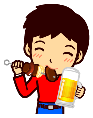 バーベキューでビールを飲みながら肉を食べる男の人イラスト
