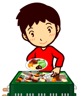 バーベキューグリルで食材を焼く男の人イラスト