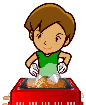 バーベキューグリルで焼きそばを焼く男の人イラスト