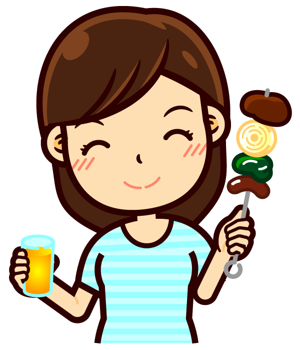 バーベキューで串に刺した肉と飲みもを持つ女の人イラスト