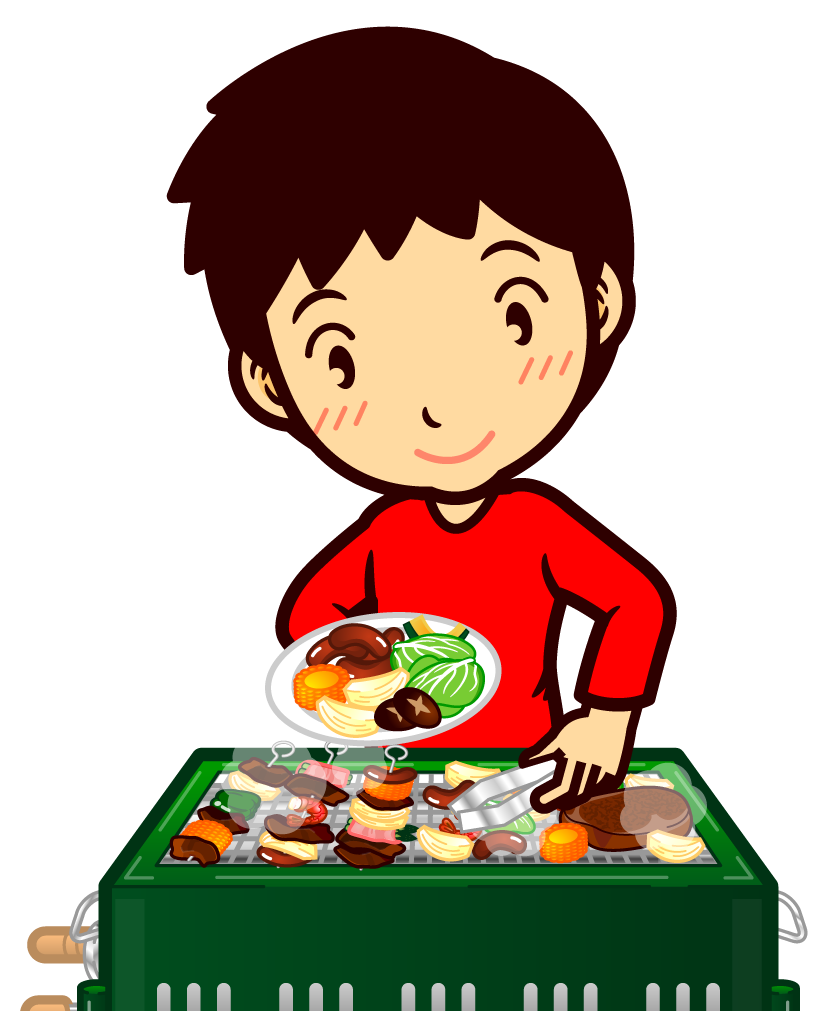 バーベキューグリルで食材を焼く男の人イラスト