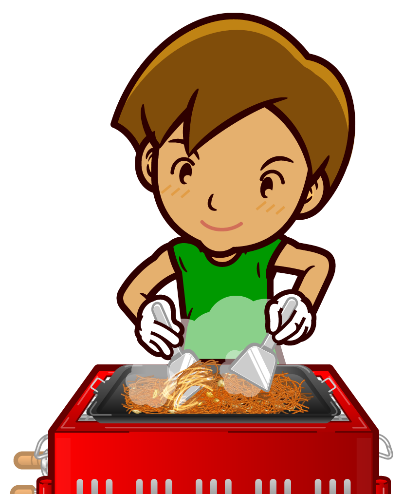 バーベキューグリルで焼きそばを焼く男の人イラスト