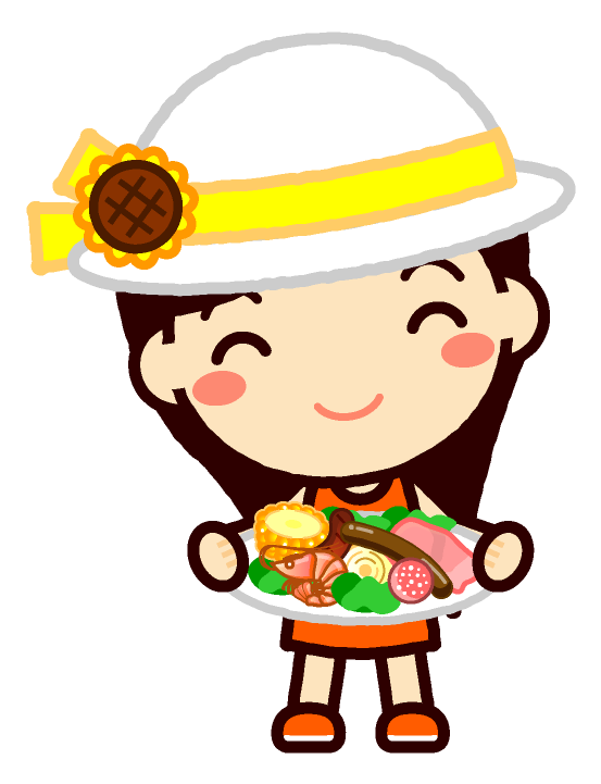 肉や野菜が盛り付けされたお皿を持つ女の子イラスト