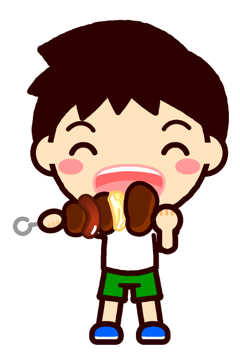 串にさした肉を食べる男の子イラスト