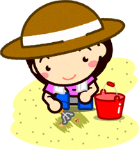 浜辺で潮干狩りをする女の子イラスト