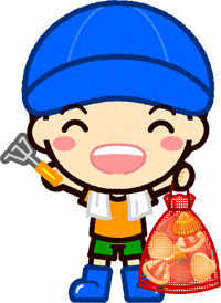 袋一杯の貝を獲った男の子イラスト