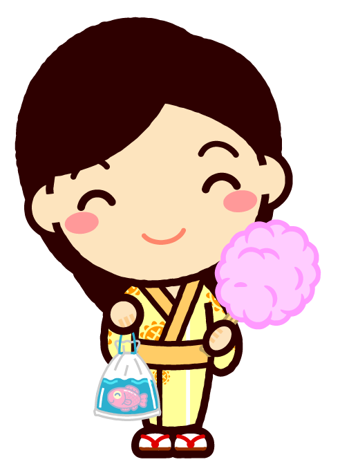 浴衣を着た子供イラスト/金魚とワタガシを持った女の子