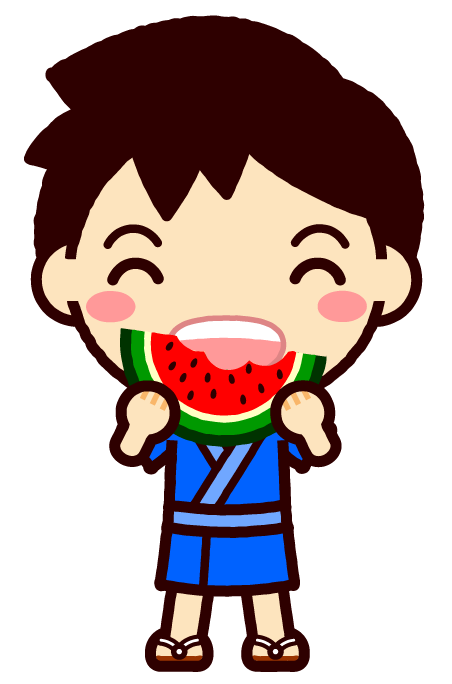 浴衣を着た子供イラスト/スイカを食べる男の子