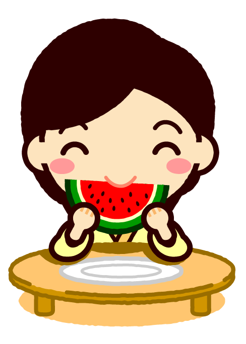 浴衣を着た子供イラスト/スイカを食べる女の子