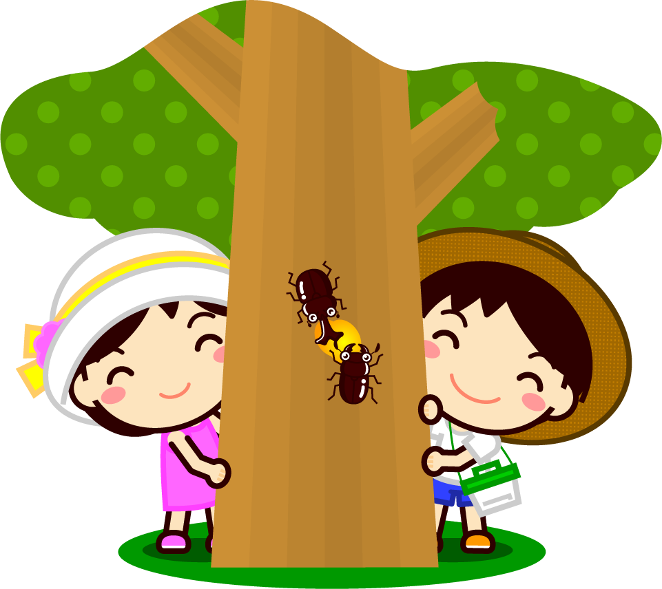 カブトムシを見つけた子供たちイラスト