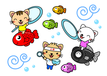 猫と金魚すくいイラスト