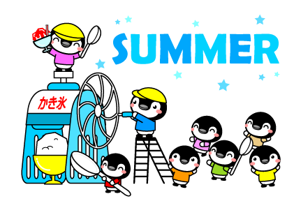 夏とペンギンのかき氷屋さんイラスト
