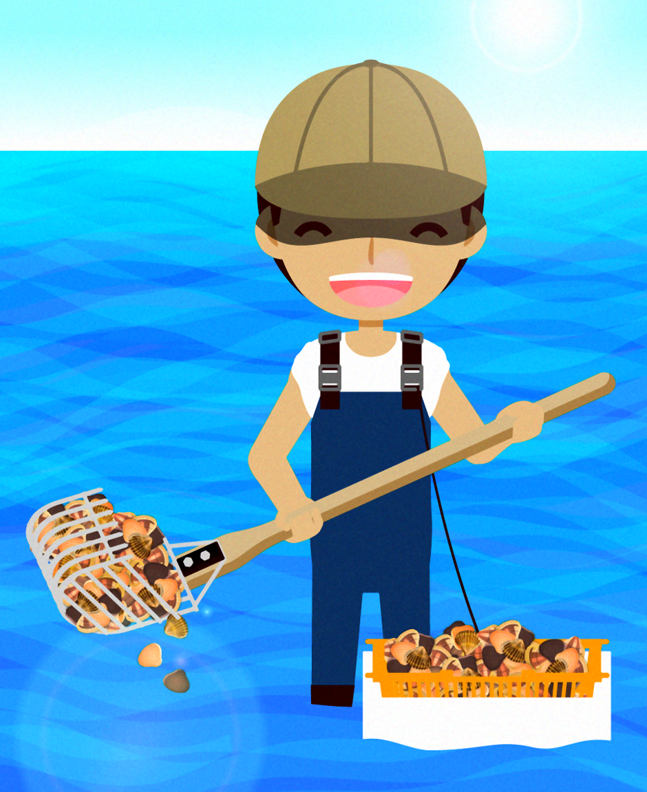 大量の貝を獲る男性イラスト/漁業者