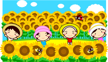 たくさん咲いたひまわりと子供達イラスト