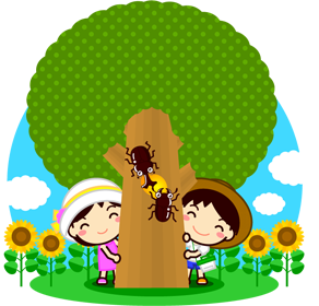 夏休みに木の蜜を吸う昆虫の観察イラスト