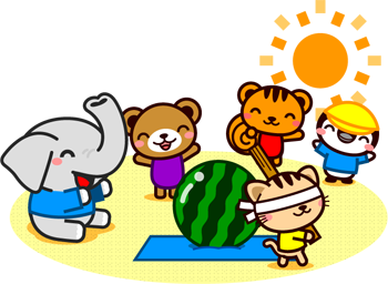 海水浴に来て砂浜でスイカ割りをする動物達イラスト