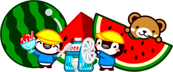 スイカとかき氷と動物イラスト