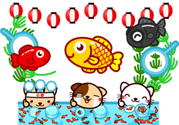 祭りで金魚すくいを楽しむ猫イラスト