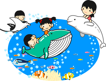 夏と海の生き物と遊ぶ子供イラスト