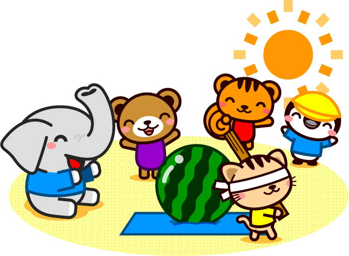 海水浴に来て砂浜でスイカ割りをする動物達イラスト