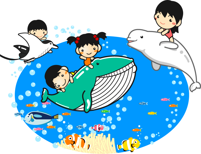 夏と海の生き物と遊ぶ子供イラスト