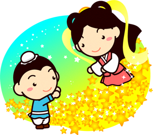 短冊を持って手を振る彦星くんイラスト天の川と織姫さまと彦星さまイラスト