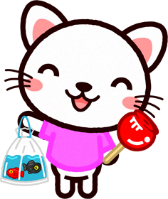 猫のイラスト/金魚とリンゴ飴を持った