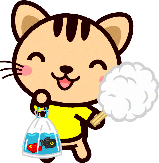 猫のイラスト/金魚とワタアメを持った