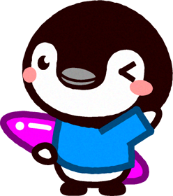 ペンギンのイラスト/サーフボードを持って手を振る