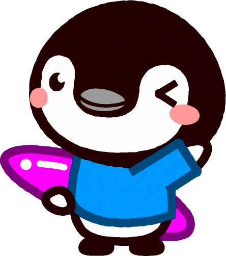 ペンギンのイラスト/サーフボードを持って手を振る