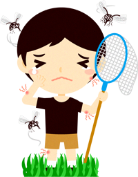 蚊に囲まれた男の子イラスト