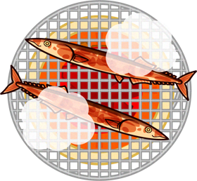 七輪で秋刀魚を焼くイラスト/上
