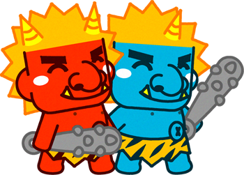 笑いながら歩く赤鬼と青鬼のイラスト