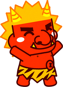 にっこり顔で歩いている赤鬼のイラスト