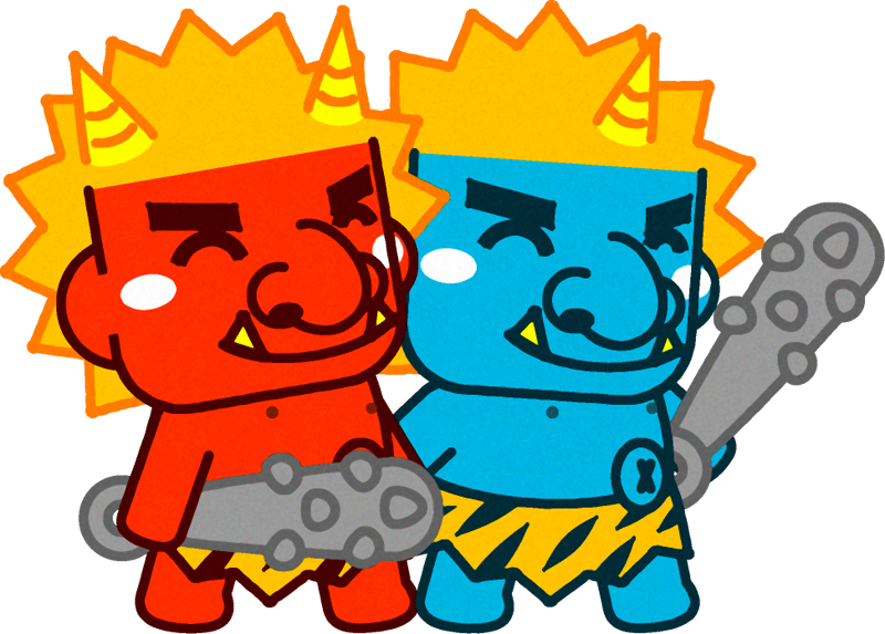 笑いながら歩く赤鬼と青鬼のイラスト