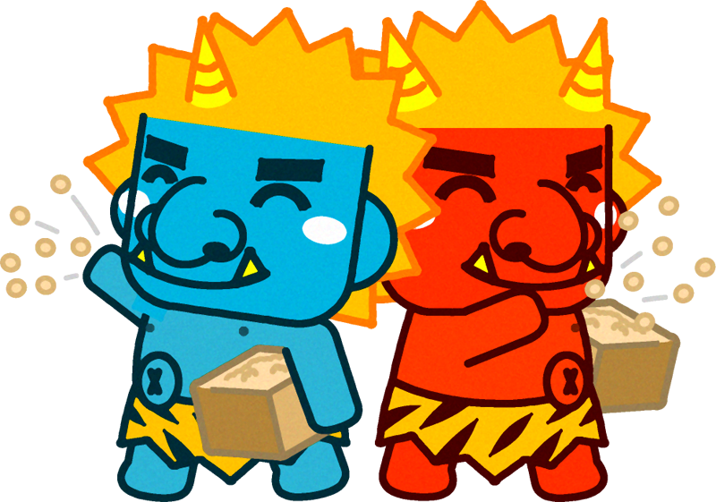 豆まきをする赤鬼と青鬼イラスト