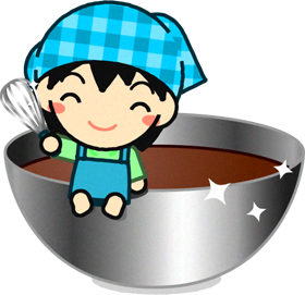 チョコの入ったボウルに腰かける女の子のイラスト