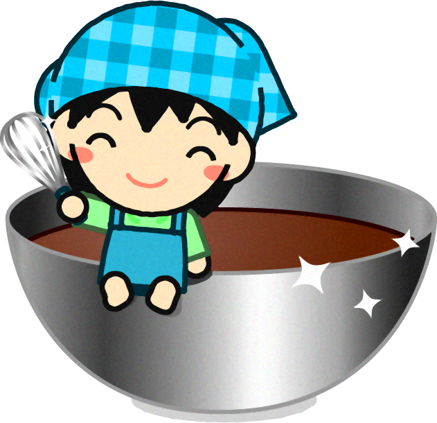 チョコの入ったボウルに腰かける女の子のイラスト
