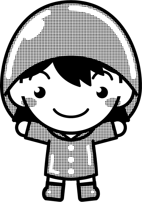 レインコートを着た子供のイラスト/男の子/朱色/モノクロ