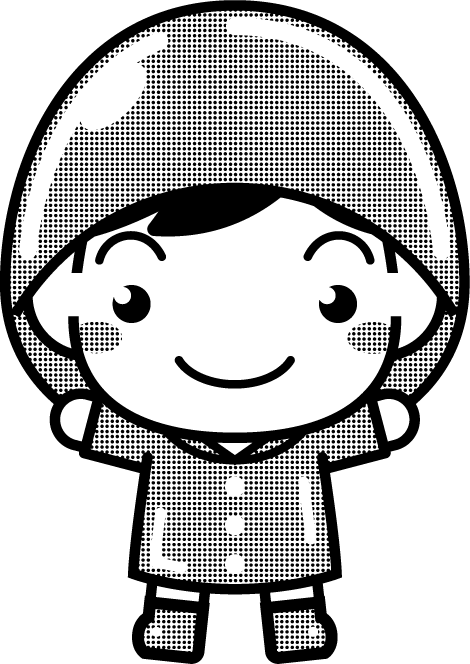 レインコートを着た子供のイラスト/男の子/赤色/モノクロ