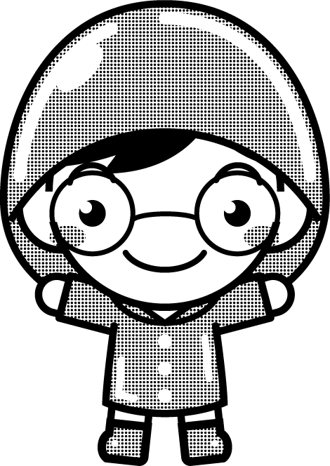 レインコートを着た子供のイラスト/男の子/青色/モノクロ