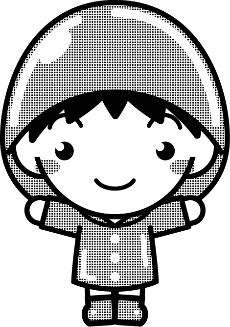 レインコートを着た子供のイラスト/女の子/水色/モノクロ