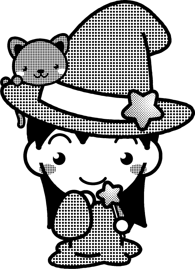 仮装をした幼稚園児イラスト/魔女/モノクロ