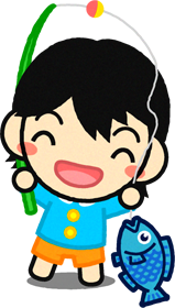 魚を釣って喜んでいる男の子イラスト/青い魚