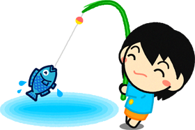 魚を釣り上げた女の子イラスト/青い魚