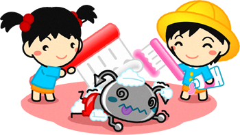 子供達が歯ブラシで虫歯菌を撃退するイラスト