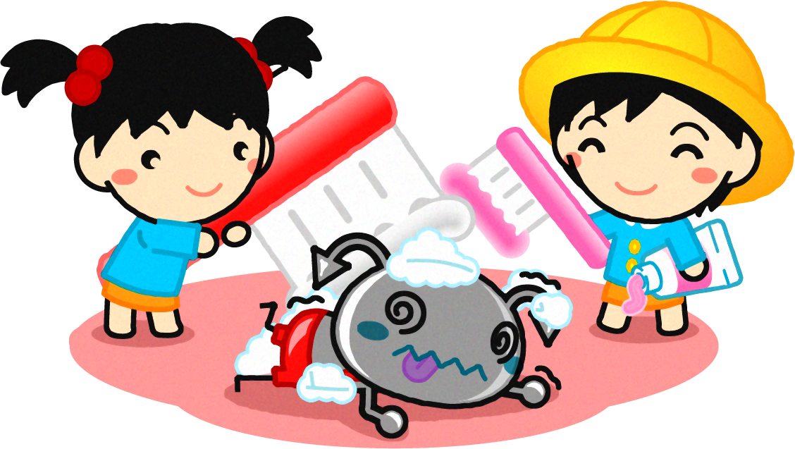 子供達が歯ブラシで虫歯菌を撃退するイラスト